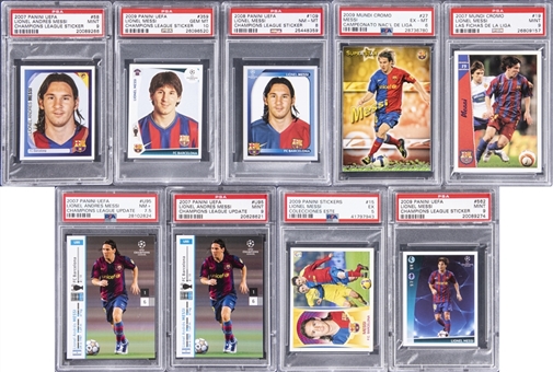 2007-2009 Lionel Messi Card Collection (9 Different PSA Graded Cards) - Featuring PSA 10 2009 Champions League Sticker & 2007 Mundi Cromo "Las Fichas De La Liga"